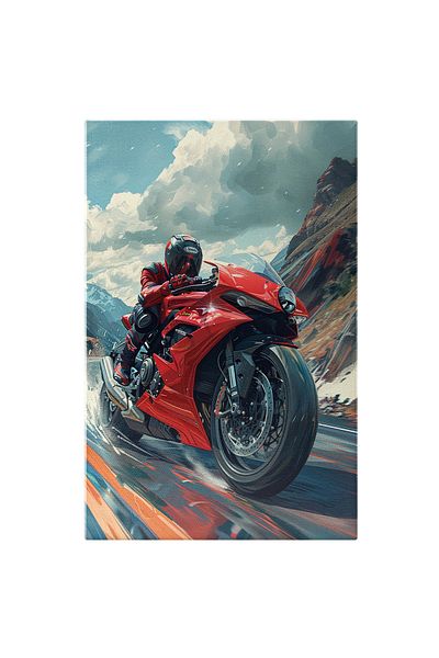 StoryGift Romania Tablou Canvas Viteza Pe Două Roți Motociclistul Cu Bolid Roșu Merge Prin Văile Munților , Pictu