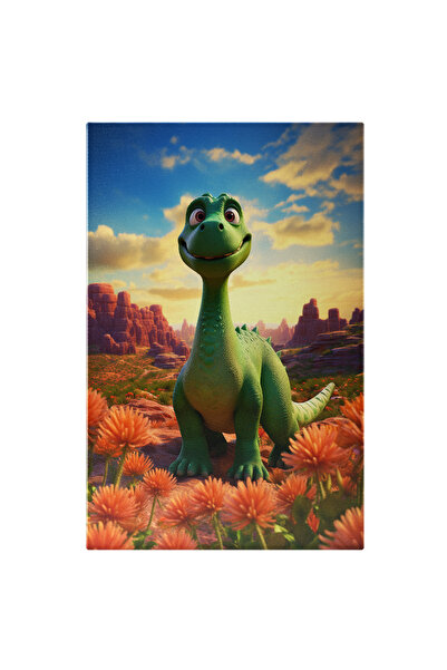 StoryGift Romania Tablou Canvas: Dinozaur Zâmbind La Cameră Și Flori- Personaj Animat Pictura Digitala