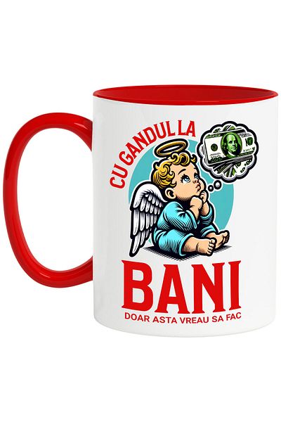 StoryGift Romania Mug with Angel with Crown Thinking about money banknotes, text thinking about money pray, With ,STG