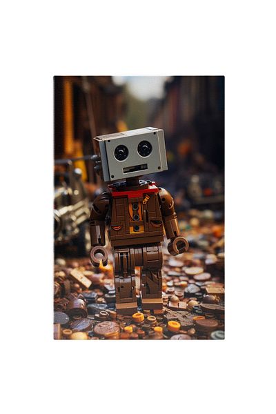 StoryGift Romania Canvas Painting 40 x 25CM Lego Robot Figurine Dressed in Brown Clothes with Walking Model, STG.