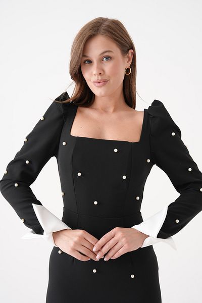Secret Passion Lingerie Rochie midi neagră cu mânecă lungă, cu decolteu pătrat, cu perle, 365