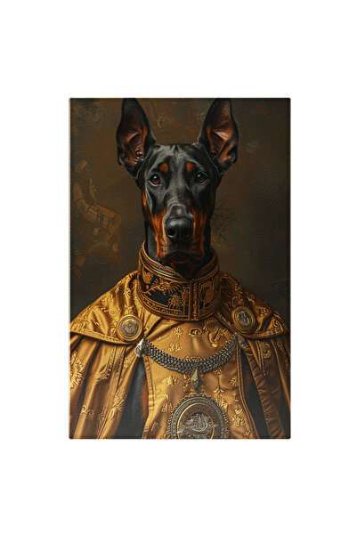 StoryGift Romania Tablou Canvas Caine Doberman Negru Cu Ochii Caprui Blanzi Si Urechile Ascutite In Haina Aurie