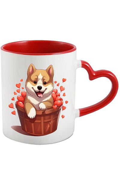 StoryGift Romania Mug with a cheerful puppy sitting in a basket | illustration | playful | hearts | , With ,STG .
