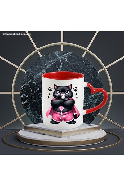 StoryGift Romania Mug with a black cat in a heroine costume, illustration, pink, paws, stars, s, With ,STG