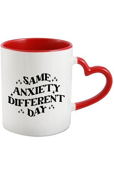 StoryGift Romania Mug with the text "Same Anxiety, Different Day" - suffering with Red Heart Handle, With ,STG.