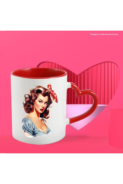 StoryGift Romania Mug with a woman with brown hair, illustration, retro style, old, old fashioned, tri, With ,STG