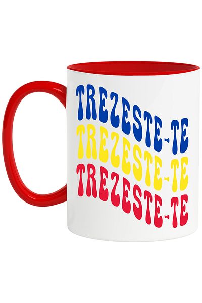 StoryGift Romania Mug with the word Wake up, in the colors of the Romanian flag, red, yellow, blue, with STG
