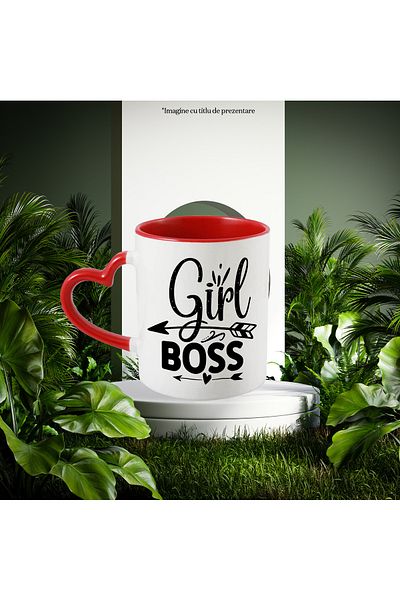 StoryGift Romania Mug with heart and the text "Girl boss" - business girl boss with Red Heart Handle, With ,STG.