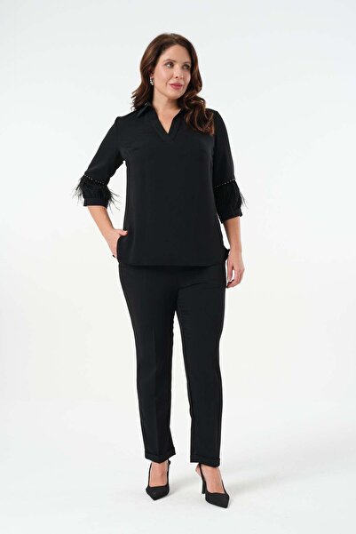 Gemko Sleeve Feather Detailed Blouse Trousers Set - Black