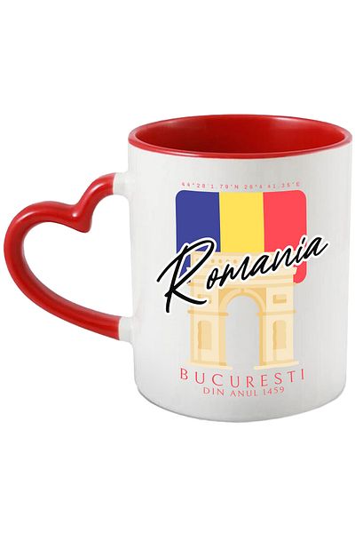 StoryGift Romania Romania Mug, Bucharest - Arc de Triomphe, 330ml, Ceramic with Red Heart Handle, With M,STG