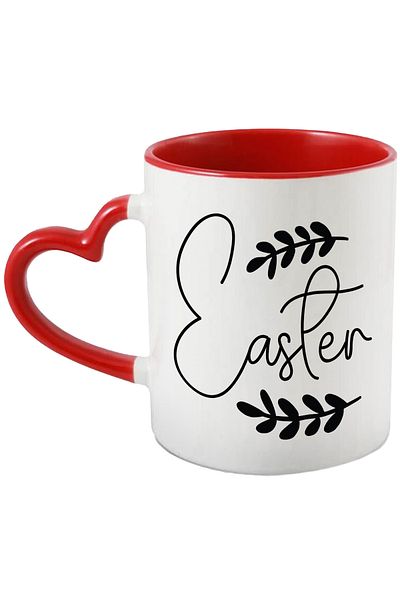 StoryGift Romania Mug with 2 branches and the word "Easter" - Easter celebration with Red Heart Handle, With M,STG.