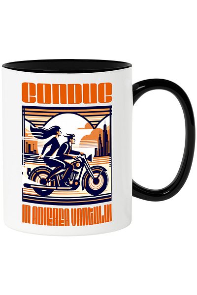StoryGift Romania Couple On Motorcycle Mug Text I drive in the breeze, 330ml, Ceramic with Ma, Cu, STG.