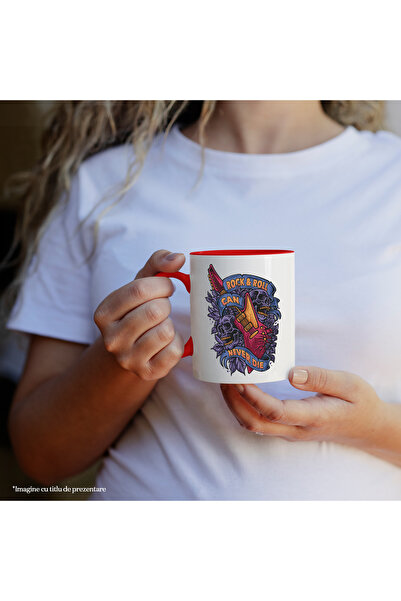 StoryGift Romania Mug With Message In English Rock & Roll Can Never Die, Guitar, Music, Skulls, Fru, Cu,STG