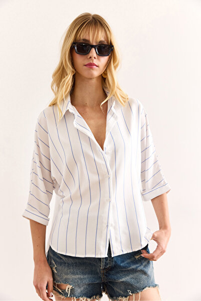 Olalook Women's Blue Striped Front Short Back Long Flowing Shirt Gml-19001347