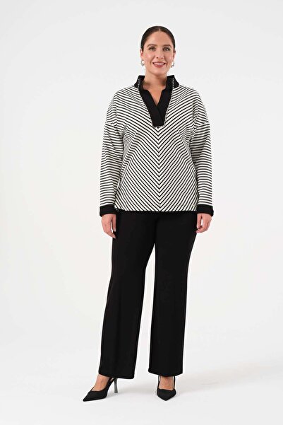 Gemko Striped Blouse Collar Embroidered Trousers Set - Bone