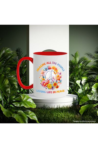 StoryGift Romania Mug with the message "Imagine all the people, living life in peace", hippie style, c, Cu ,STG