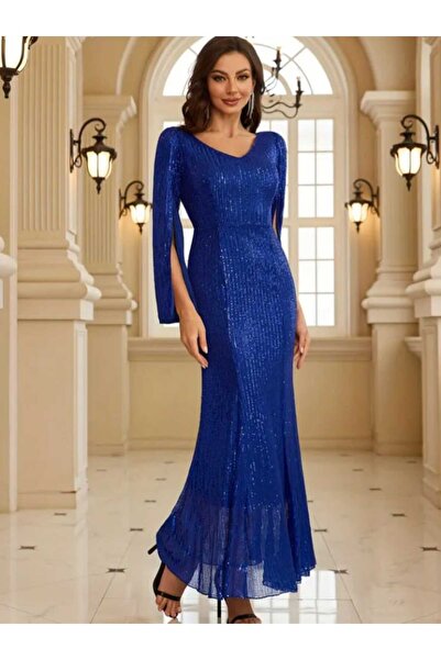 MODAS UZUN KOLL V YAKA PULL PAYETLİ ABİYE ELBİSESİ