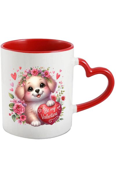 StoryGift Romania Mug with a cheerful puppy holding a heart with the message "Be my Valentine" | illustr., With ,STG.