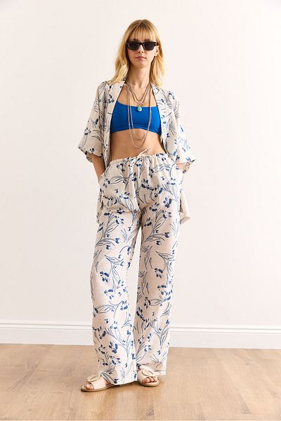 Olalook Women White Blue Top Kimono Bottom Pocket Palazzo Pants Suit Tkm-19000382