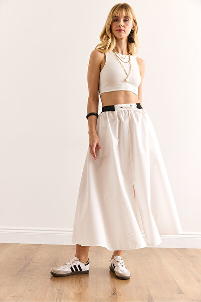 Olalook Women's White Black Banded Front Slit Lace up Midi Bell Skirt Etk-19000321