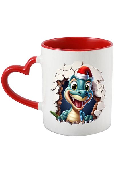 StoryGift Romania Mug with a dinosaur wearing a Christmas hat | happy | sticking its head out through a feather, With ,STG .