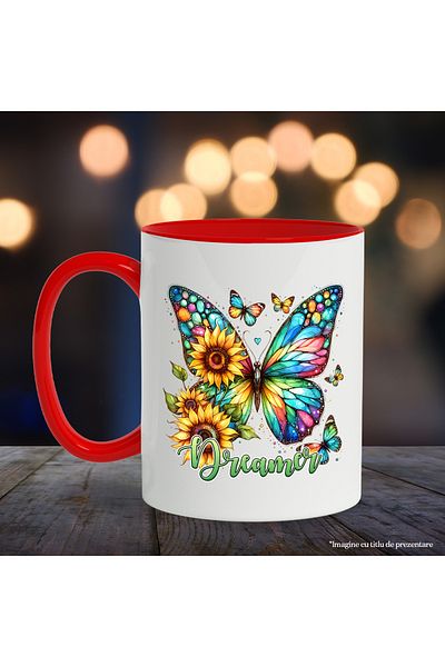 StoryGift Romania Mug with butterfly with multicolored wings and flowers with the message "Dreamer", dreamer, , With ,STG
