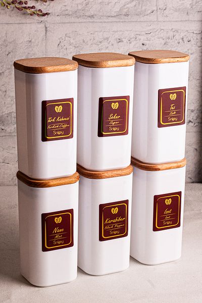 Snippy Boxy White - Set of 6 Wooden Vacuum Labeled Spice Jars with Lids 350 ml - Food Storage Container Set