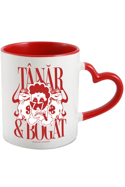StoryGift Romania Cana Sunt Tanar Si Bogat Lume Moderna Bani Avere, 330ml, Ceramica Cu Maner Inima, Cu ,stg