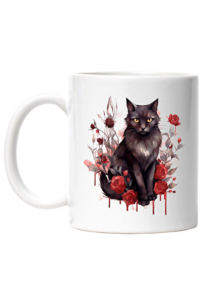 StoryGift Romania Cana Cu Pisica, Trandafiri, Watercolor, Frunze, Gotic, Mult...
