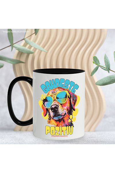 StoryGift Romania Mug Dog with glasses text think positive, 330ml, Ceramic with Black Handle, With Handle, STG