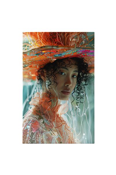 StoryGift Romania Tablou Canvas Fantezia Modei Portretul Unei Femei Cu Pălărie Strălucitoare Și Rochie Florală ,