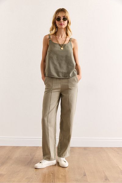 Olalook Women's Khaki Elastic Waist Front Stitched Washable Buckle Linen Trousers Pnt-19000342