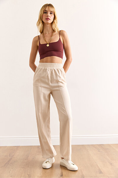 Olalook Kadın Taş Beli Lastikli Önü Dikişli Yıkamalı Tok Keten Pantolon PNT-19000342