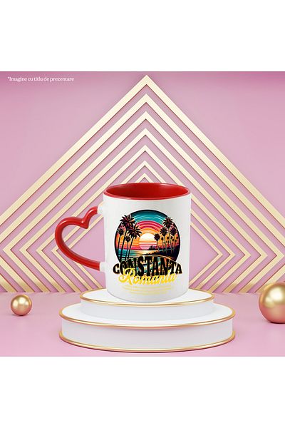 StoryGift Romania Beach Mug from Constanta, Romania, 330ml, Ceramic with Red Heart Handle, With Heart Handle, STG.