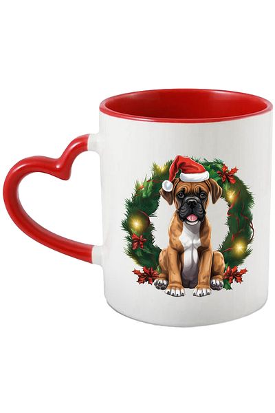 StoryGift Romania Mug with a puppy wearing a Christmas hat, illustration, wreath, mistletoe, fr, Cu,STG.
