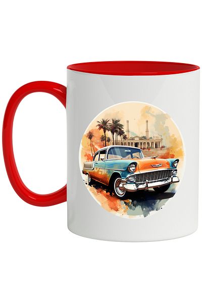 StoryGift Romania Mug With Car, Retro, Vintage, Palm Trees, Circle, Building, Multicolor 330 ml, Wax, With ,STG.
