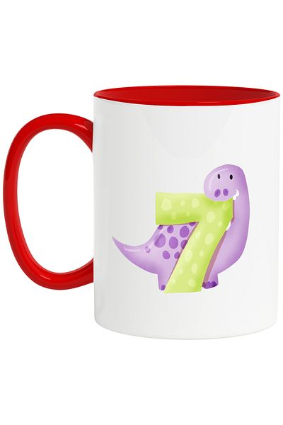 StoryGift Romania Mug with a purple dinosaur with the number 7, illustration, for children, school, student, seven, With, STG.