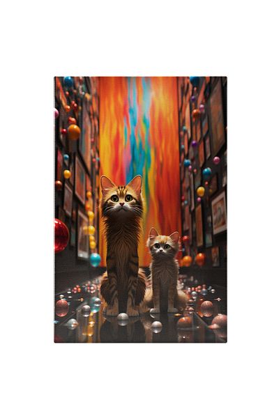 StoryGift Romania Tablou Canvas: Mama Pisica Si Pisoiul Ei Cu Ochii Verzi In Camera Colorata Cu Multe Mingi Si P