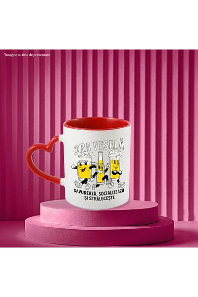 StoryGift Romania Cana Ora Vesela Pahare De Bere Alcool Petrecere, 330ml, Ceramica Cu Maner Inima , Cu ,stg