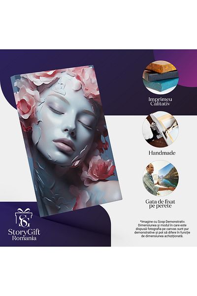 StoryGift Romania Tablou Canvas: Portret Feminin Frumusete Chip Pictat Albastrui Si Buze Mari Cu Flori Asezate I