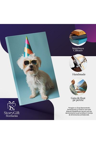 StoryGift Romania Canvas Print Festive Little White Maltese with Sunglasses and Striped Helmet Brightly Colored