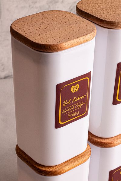 Snippy Boxy White - Set of 6 Wooden Vacuum Labeled Spice Jars with Lids 350 ml - Food Storage Container Set