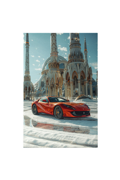 StoryGift Romania Tablou Canvas Masina Sport De Culoare Rosie Marca Ferrari Masina De Lux In Fata Unor Obiective