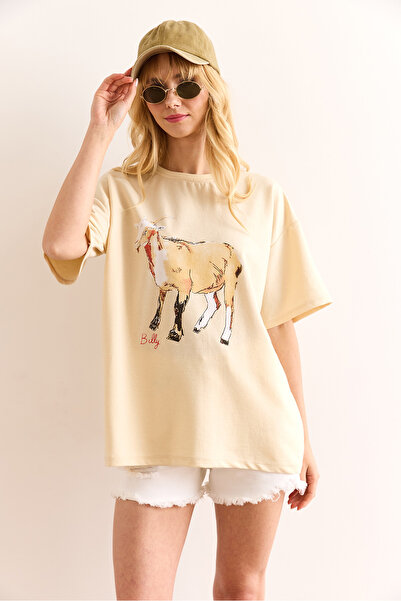 Olalook Γυναικείο μπλουζάκι μπεζ κατσίκας με στάμπα 2 κλωστών TSH-19000910