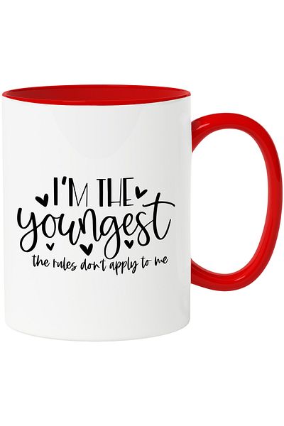 StoryGift Romania Mug with hearts and the text "I'm the youngest, the rules don't apply to me" with Ma, Cu, STG.