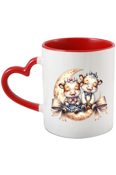 StoryGift Romania Mug with a cow and a bull on a crescent moon, illustration, friendship, closeness, se , With ,STG .