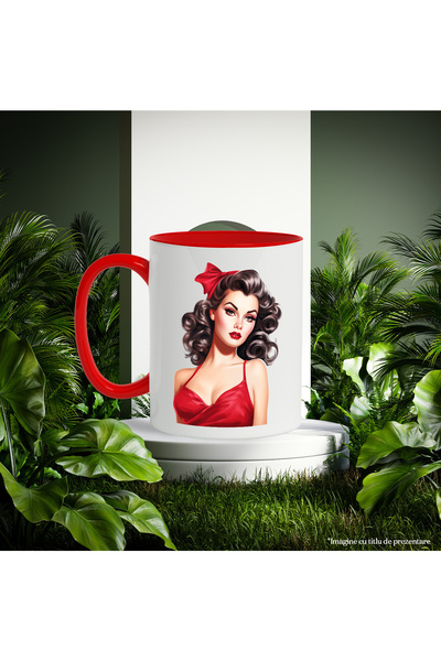 StoryGift Romania Mug with a beautiful woman in a red dress, illustration, retro, old, fashion style, With ,STG.