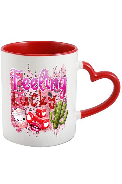 StoryGift Romania Mug with the message "Feeling Lucky", dice, lips, cactus, Valentine's Day, illustrated, With ,STG