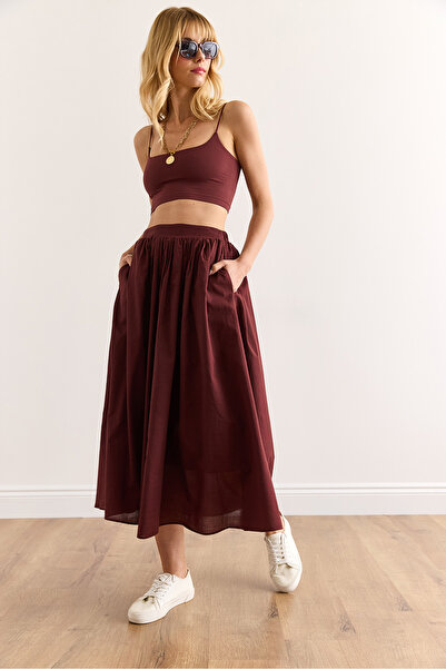 Olalook Women's Burgundy Lined Side Zipper Cotton Midi Voile Skirt Etk-19000319