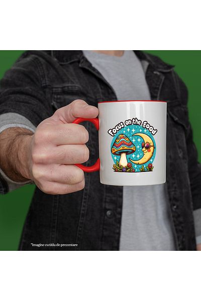 StoryGift Romania Mug with the message "Focus on the good", hippie style, culture, illustration, psychedelic, With ,STG